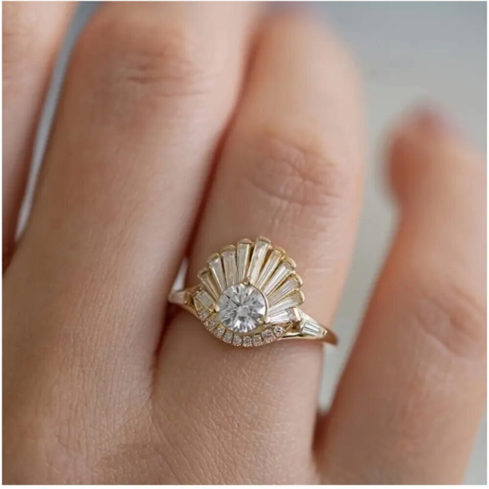 NEW Gold Tone Art Deco Ring - Vintage looking Rhinestone accents - 7